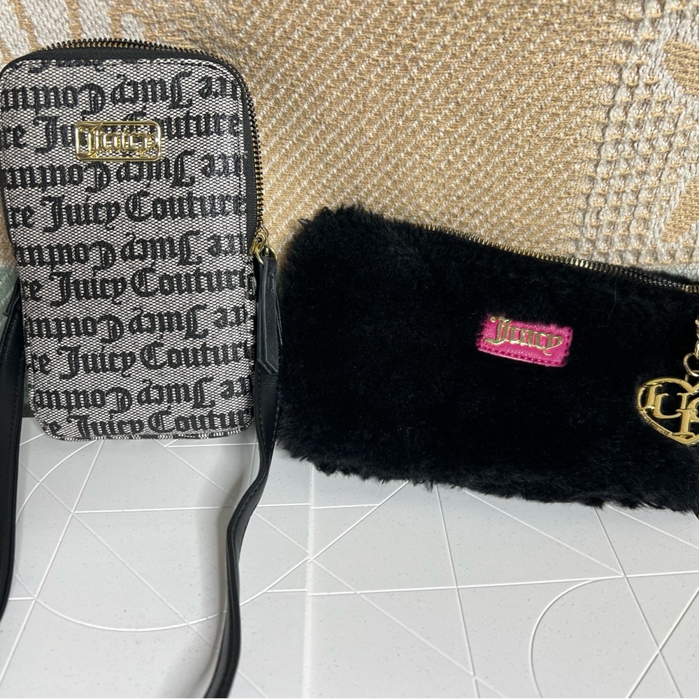 Juicy Couture Black and White Phone Crossbody and Black Faux Fur Pouch